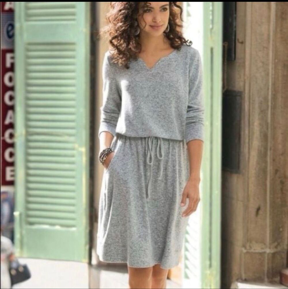 Soft Surroundings Easy Living Knit Sweater Dress Gray Size M Drawstring Waist